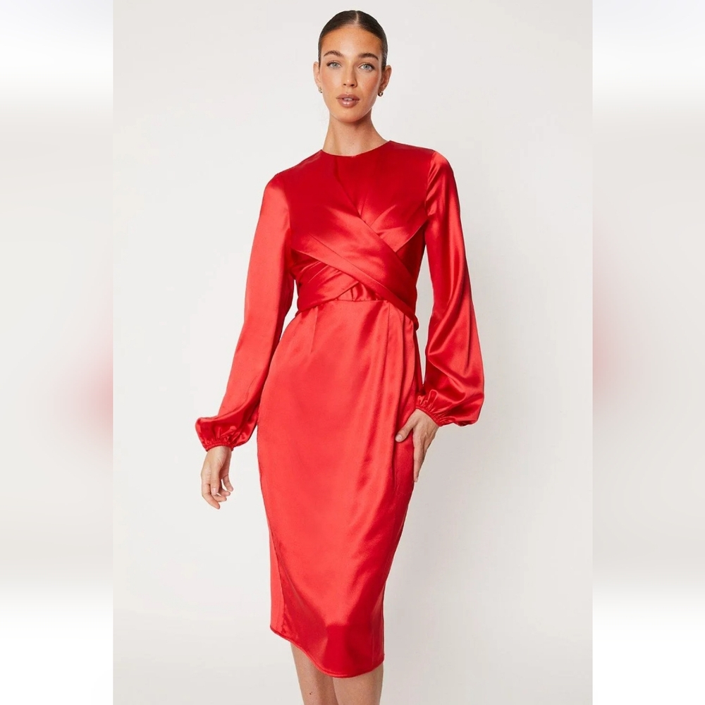 Coast Wrap Waist Blouson Sleeve Midi Dress - Red